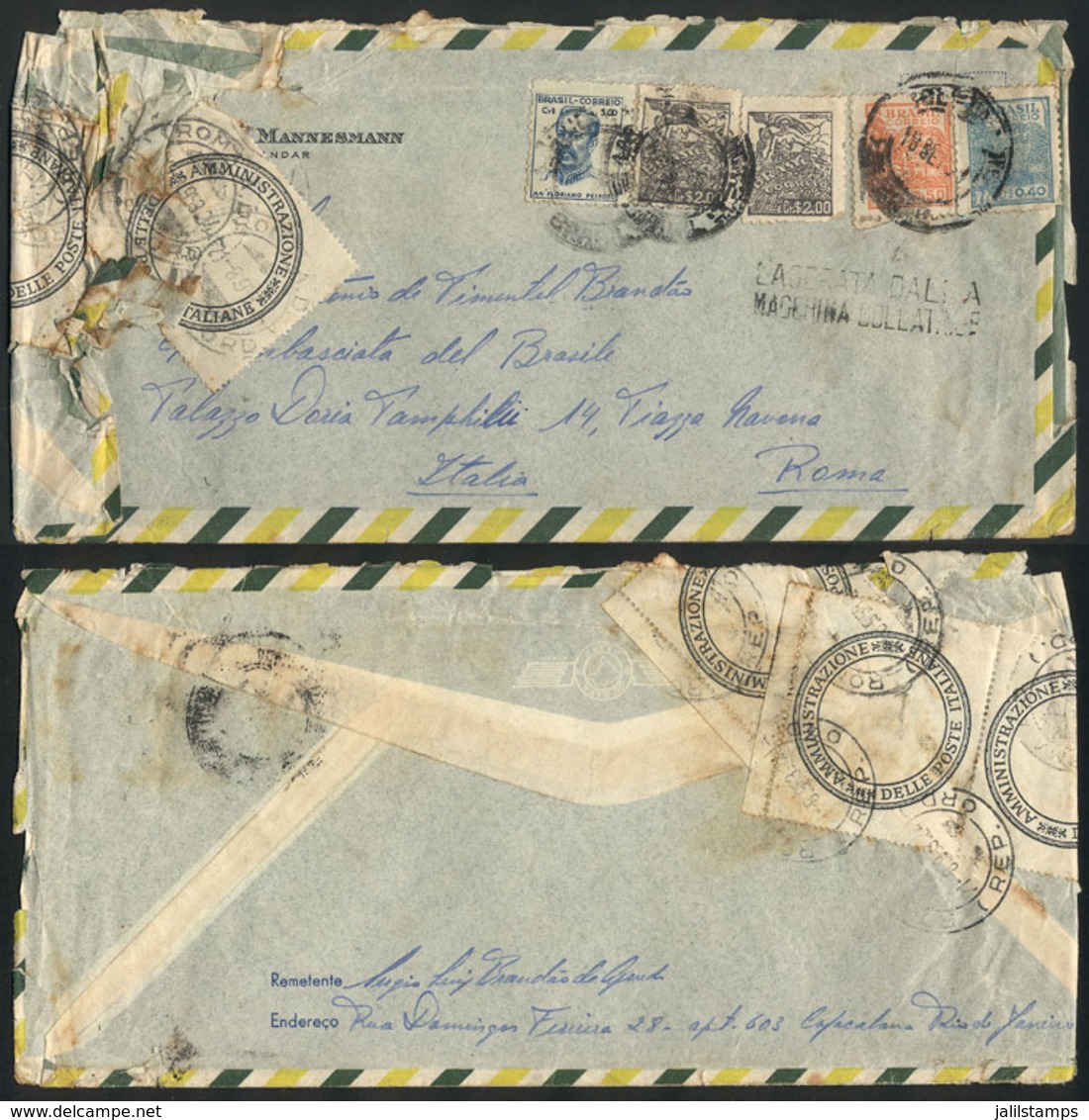 ITALY: Airmail Cover Sent From Rio De Janeiro (Brazil) To Roma On 16/SE/1953, It Was Damaged By The Sorting Machine And  - Non Classificati