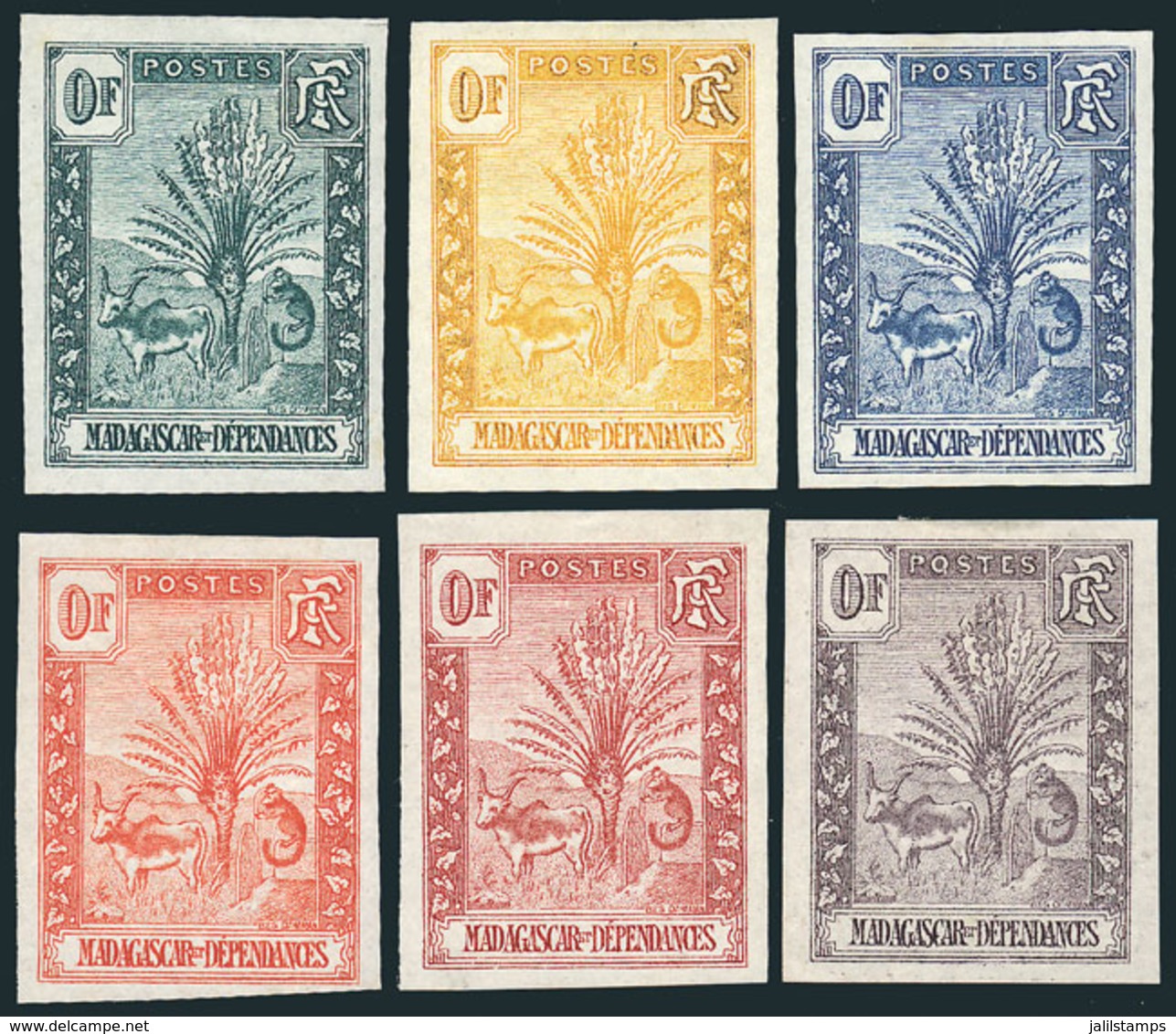 MADAGASCAR: Sc.63, 1903 Animals And Tree, Imperforate TRIAL COLOR PROOFS With Value 0Fr., 6 Different, VF Quality! - Autres & Non Classés