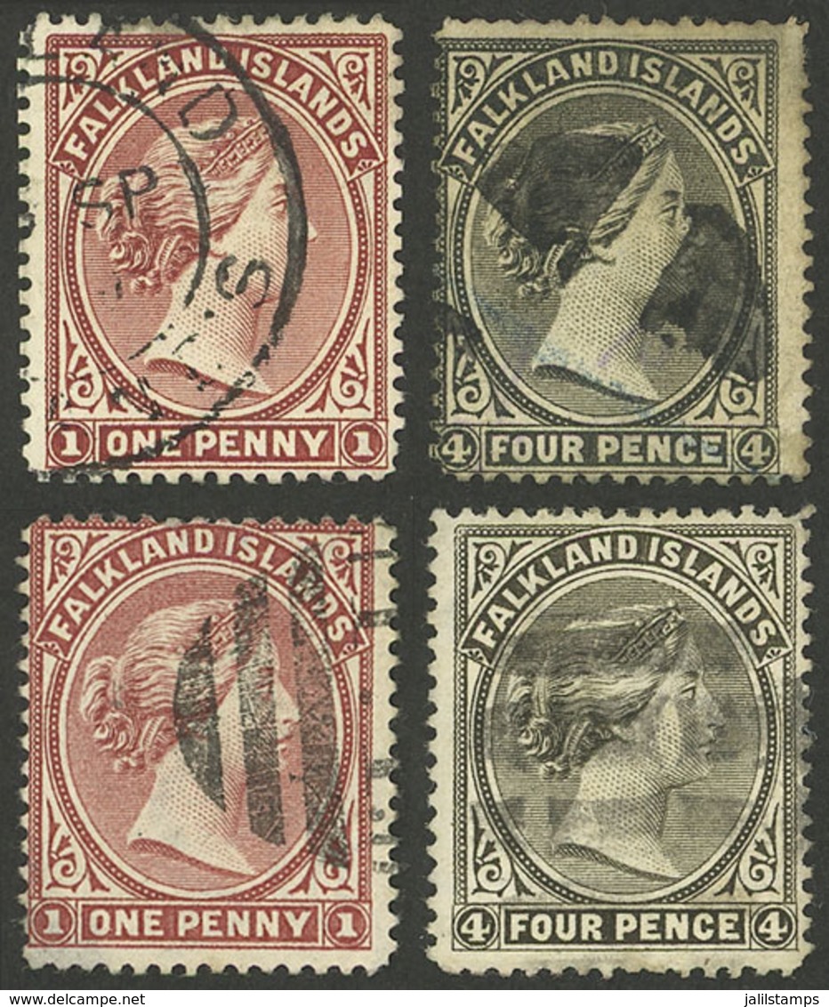 FALKLAND ISLANDS/MALVINAS: Sc.5 + 6 + 7 + 8a, 1883/95 And 1886, 1p. And 4p. With Vertical And Horizontal Watermarks, Som - Falkland