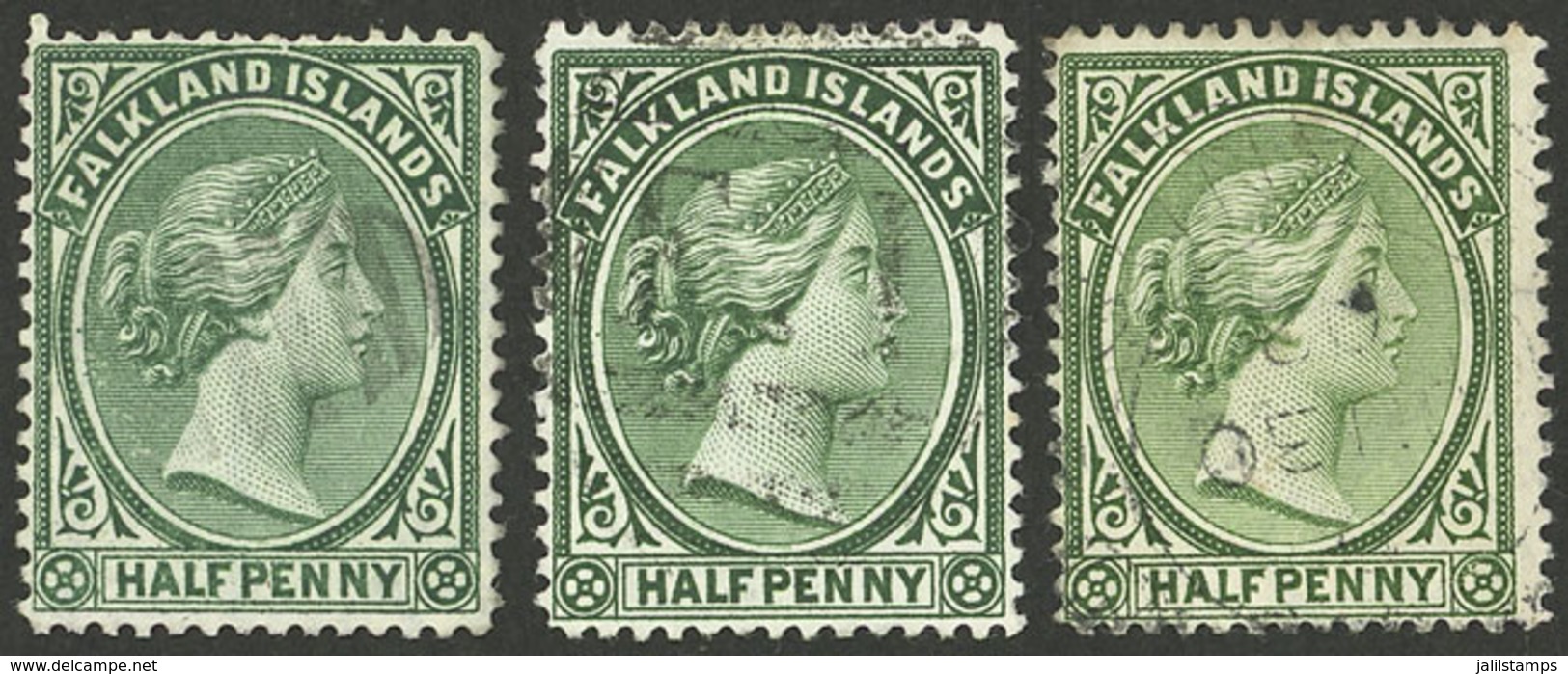 FALKLAND ISLANDS/MALVINAS: Sc.9 + 9a + 10, 1891/1902 ½p. In Green, Bluish Green And Yellow-green, Used, VF Quality! - Falkland