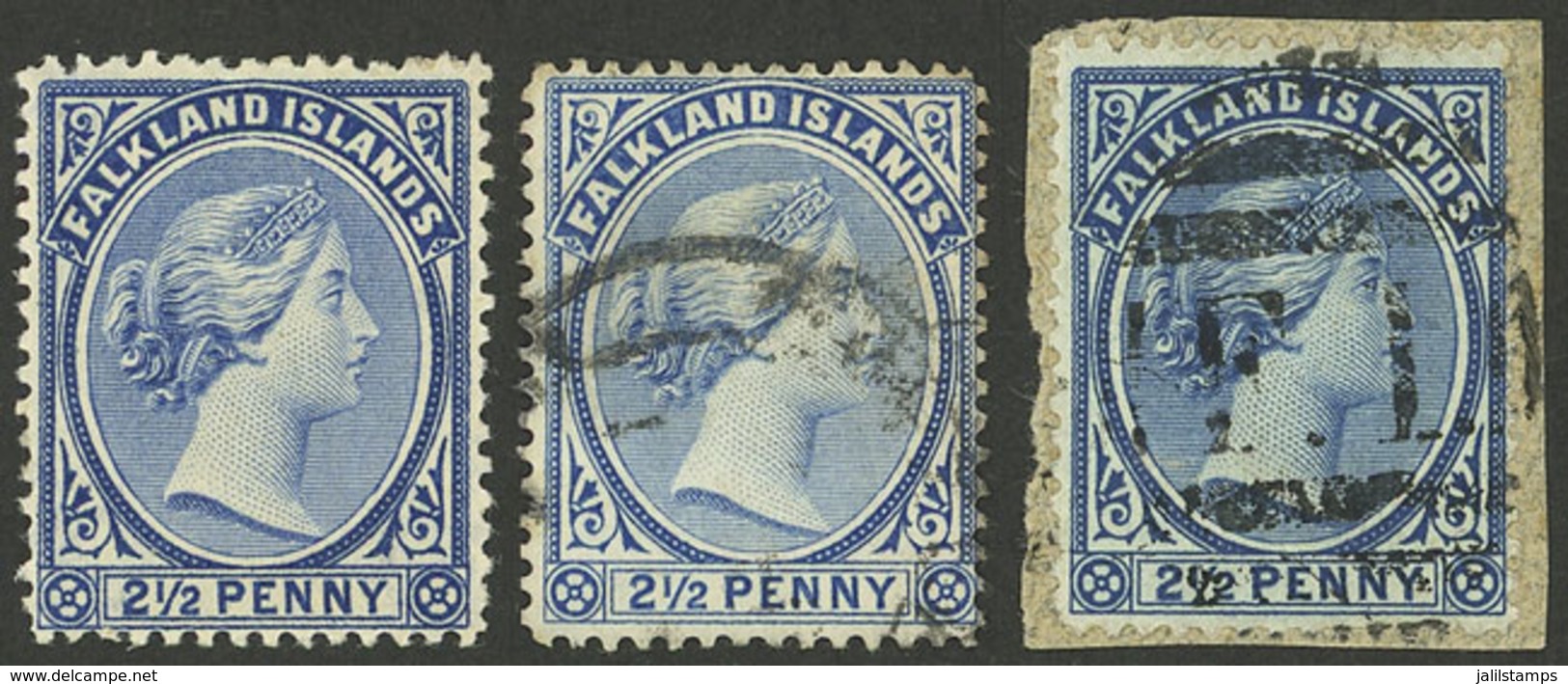 FALKLAND ISLANDS/MALVINAS: Sc.14 O 15 (Yvert 12, 12a, 12b), 1891/1902 2½p. In Blue, Light Ultramarine And Prussian Blue, - Falkland