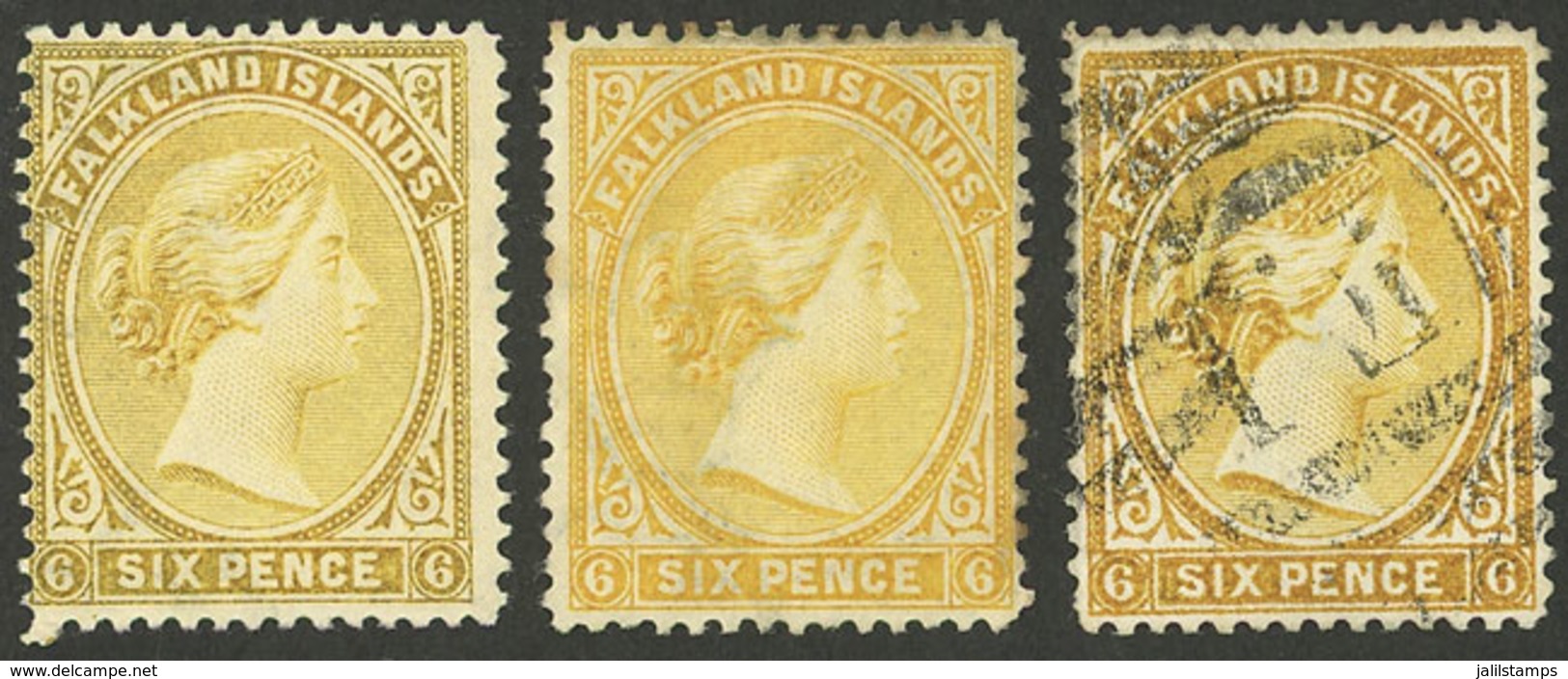 FALKLAND ISLANDS/MALVINAS: Sc.16 + 16a, 1891/1902 6p. Yellow (2 Different, Mint) And Orange (used), VF Quality - Falkland
