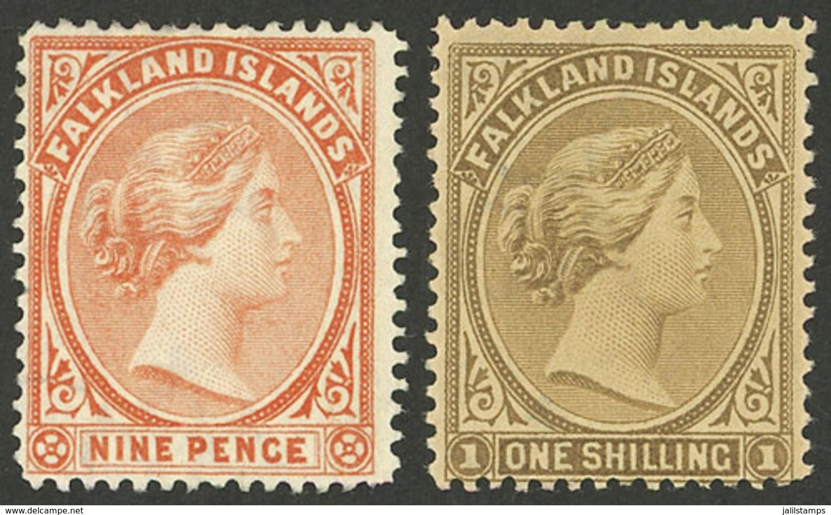 FALKLAND ISLANDS/MALVINAS: Sc.17 + 18, 1891/1902 9p. (without Gum) And 1s. (original Gum But Lightly Darkened), Very Nic - Falkland