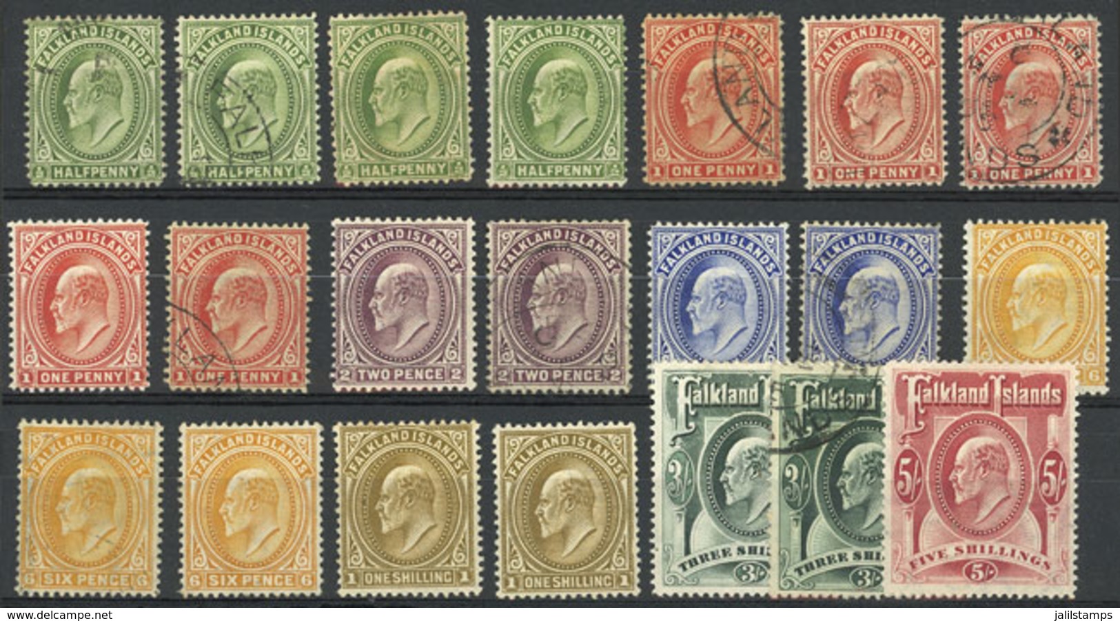 FALKLAND ISLANDS/MALVINAS: Sc.22/29, 1904/7 Edward VII, The Cmpl. Set Of 8 Values + Several Stamps In Different Shades,  - Falkland Islands