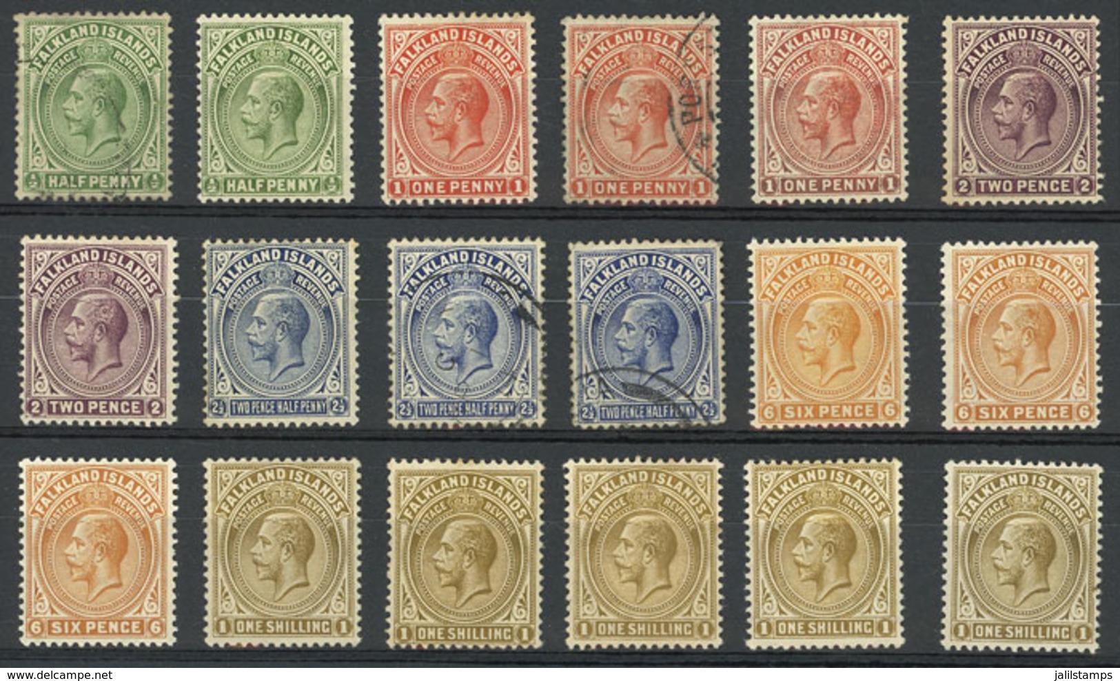 FALKLAND ISLANDS/MALVINAS: Sc.30/35, 1912/4 George V, The Set Up To The 1sc., Several Examples Of Each Value, Some Used, - Falkland Islands