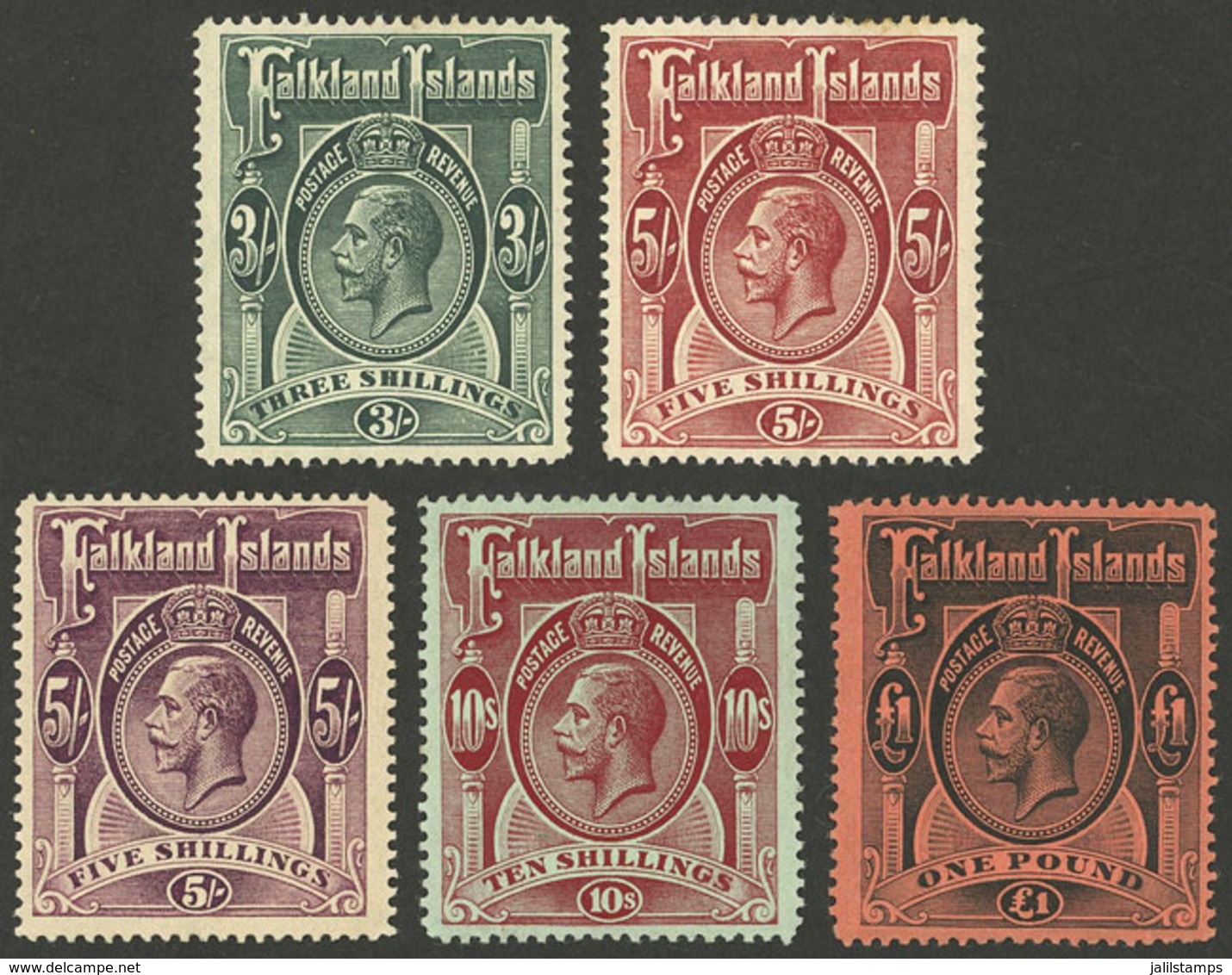 FALKLAND ISLANDS/MALVINAS: Sc.36/40, 1912/14 George V, The 5 High Values Of The Set, Mint Lightly Hinged, VF Quality - Falklandinseln