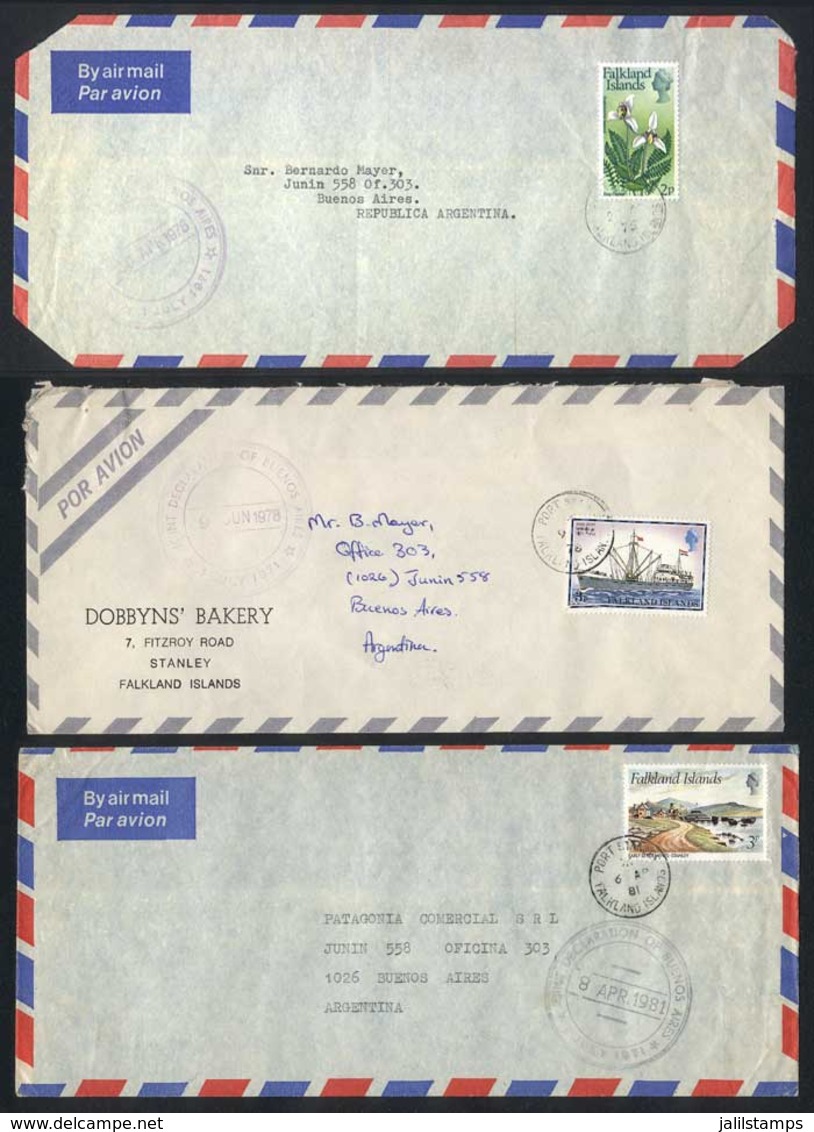 FALKLAND ISLANDS/MALVINAS: 3 Cover Sent To Buenos Aires Between 1976 And 1981, All Handstamped "Joint Declaration", Very - Falklandinseln