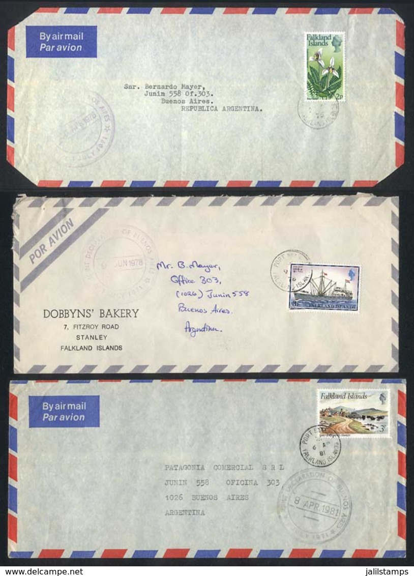 FALKLAND ISLANDS/MALVINAS: 3 Cover Sent To Buenos Aires Between 1976 And 1981, All Handstamped "Joint Declaration", Very - Falkland Islands