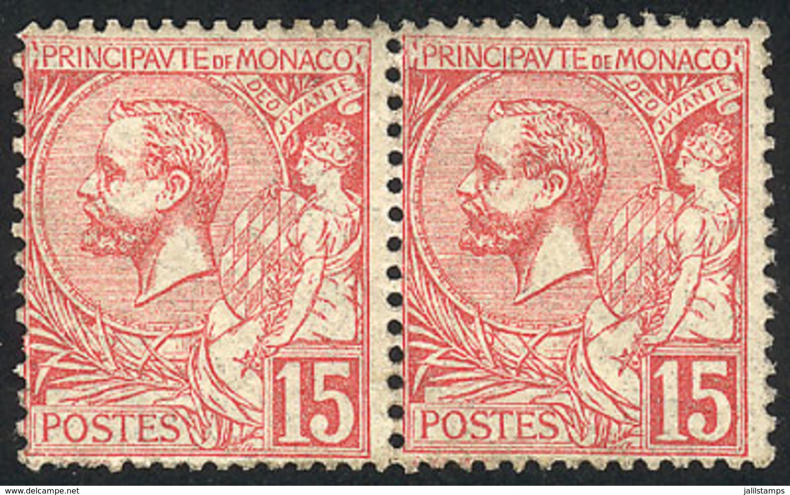 MONACO: Sc.17, 1891/1921 15c. Red Rose, Pair, Mint Original Gum, Very Fine Quality, Catalog Value US$350. - Autres & Non Classés