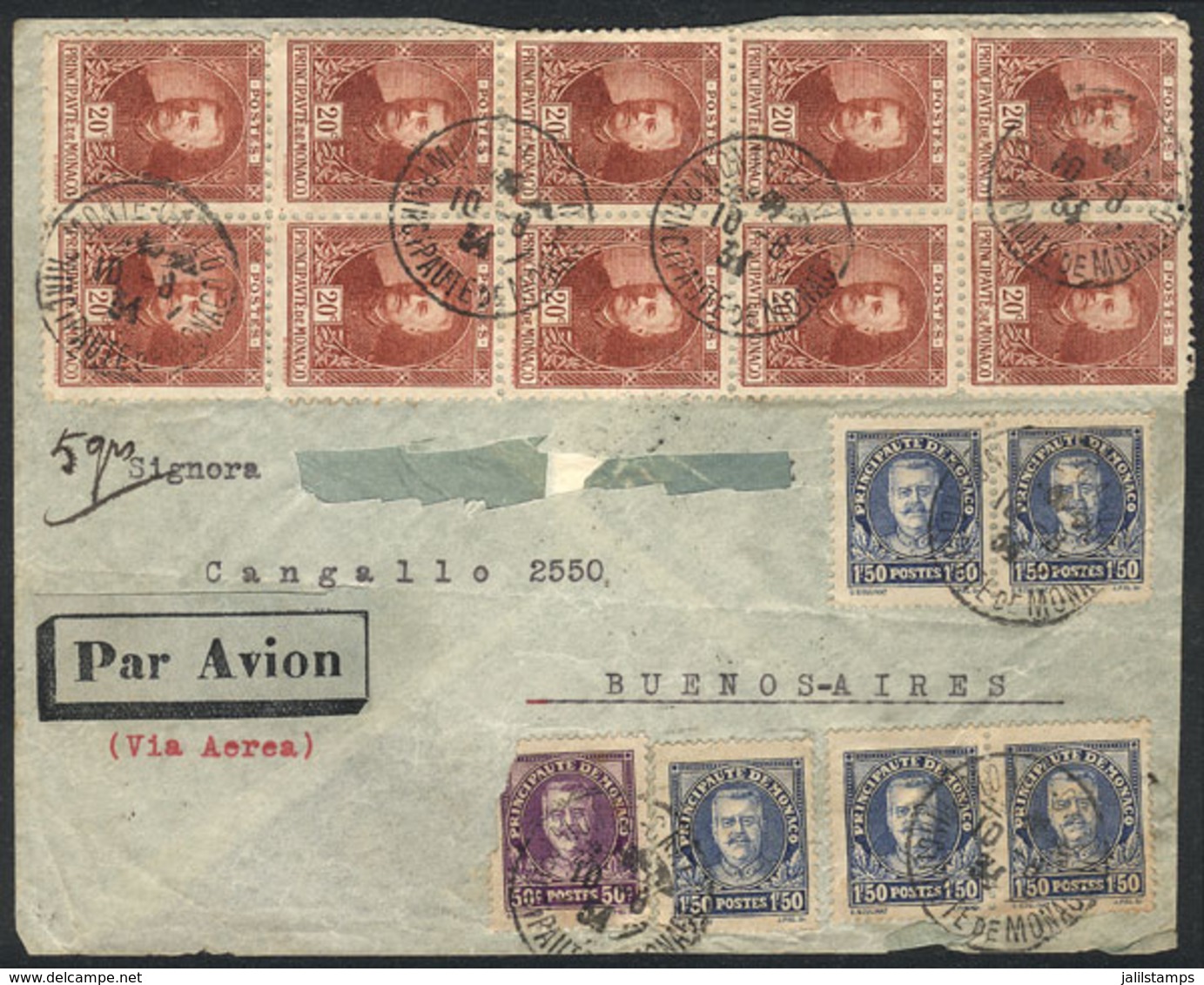 MONACO: Airmail Cover With Spectacular Postage Of 10Fr., Including Sc.122 X5 (value As Used US$52.50), Sent To Argentina - Sonstige & Ohne Zuordnung