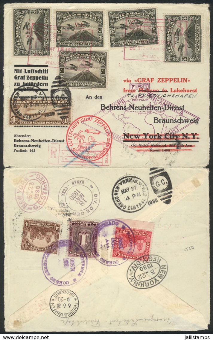 NICARAGUA: 15/MAY/1930 Managua - Havana - New York - Friedrichshafen: Registered Cover (opened On 3 Sides To Show Front  - Nicaragua