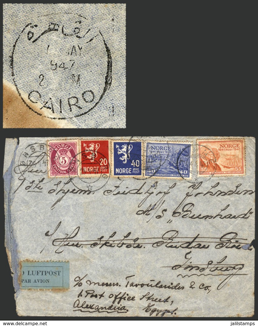 NORWAY: Airmail Cover Sent From Tonsberg On 25/AP/1947 To A Passenger Onboard The Ship "Bunhard" In Linsburg And For The - Autres & Non Classés