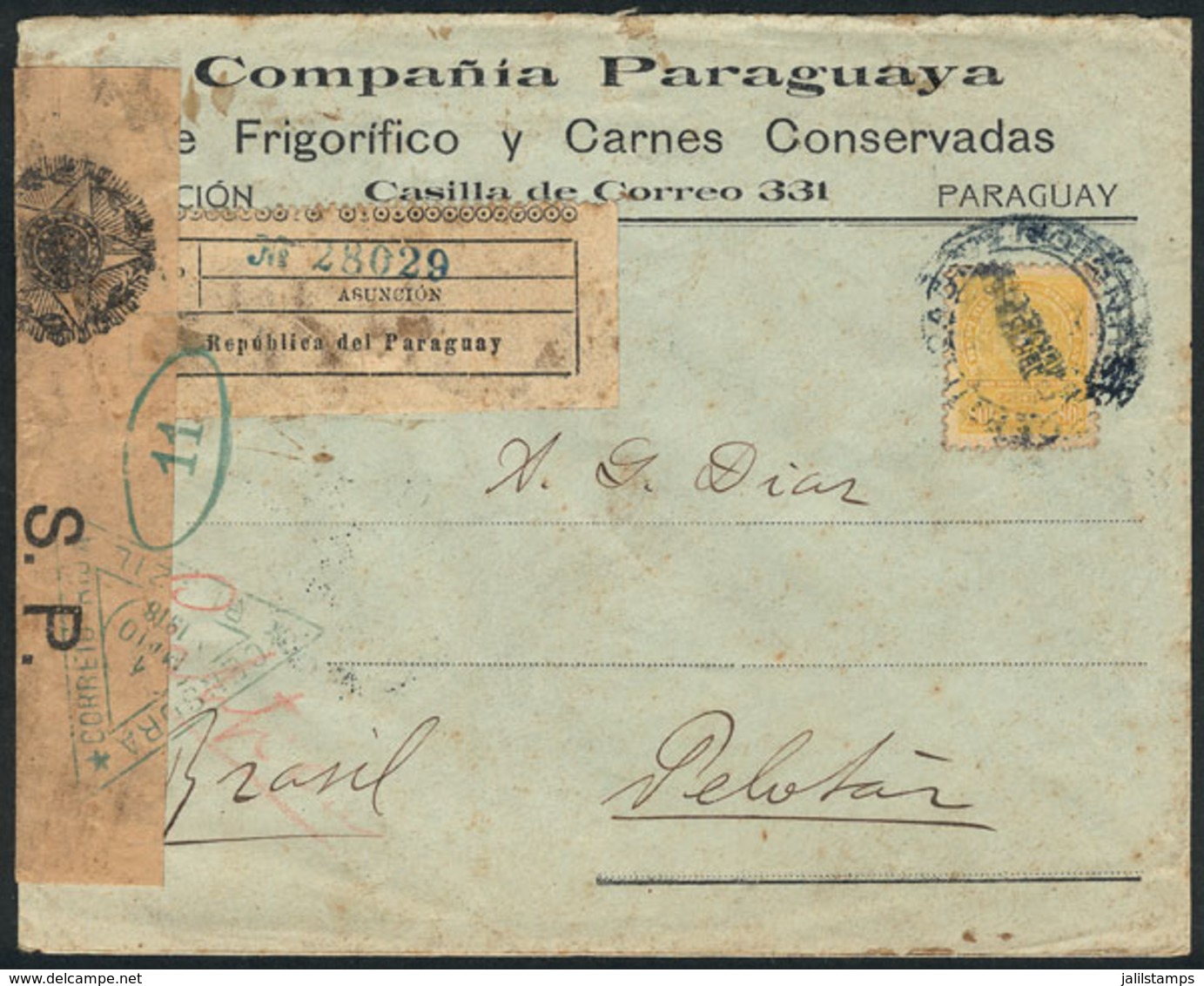 PARAGUAY: Registered Cover Franked With 80c. Yellow, Sent From Asunción To Pelotas In AP/1918, With Brazilian Censor App - Paraguay