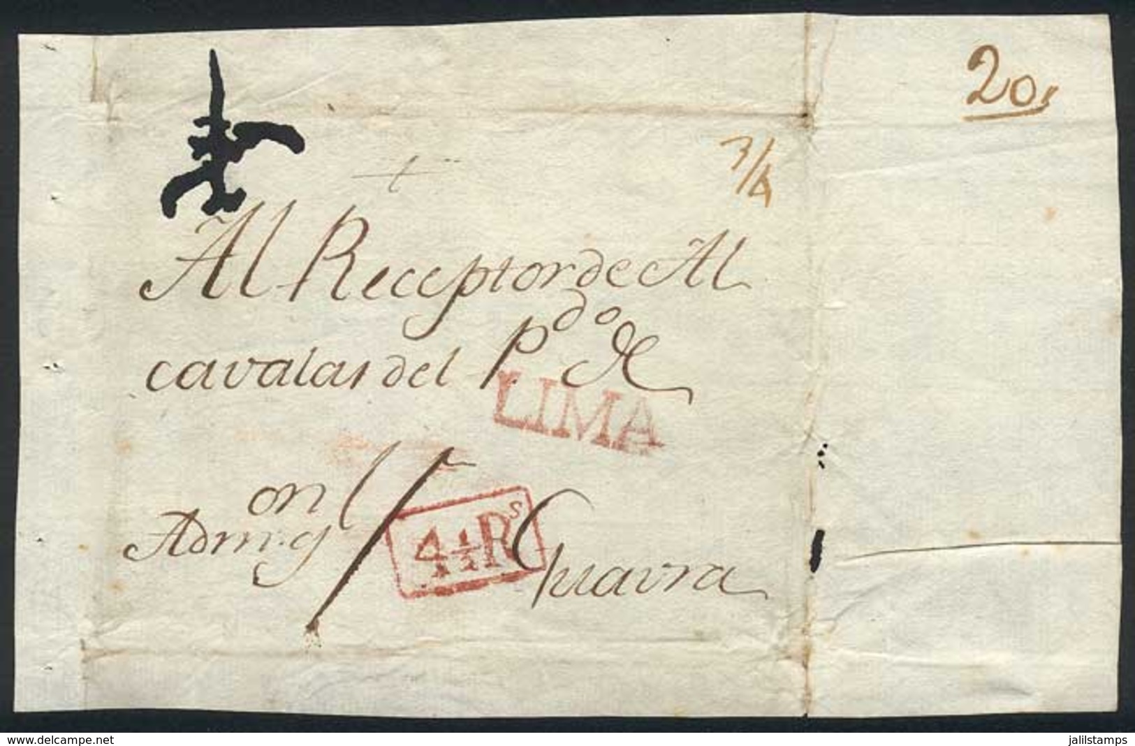 PERU: Front Of Cover Sent To Guayra, With Red "LIMA" And "4½ Rs." Markings, Pretty!" - Peru