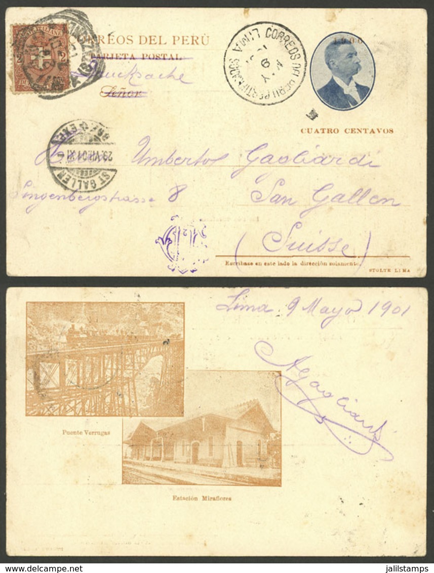 PERU: 4c. Postal Card Illustrated On Back With Views Of Verruga Bridge (with Train) And Miraflores Railway Station, Sent - Pérou