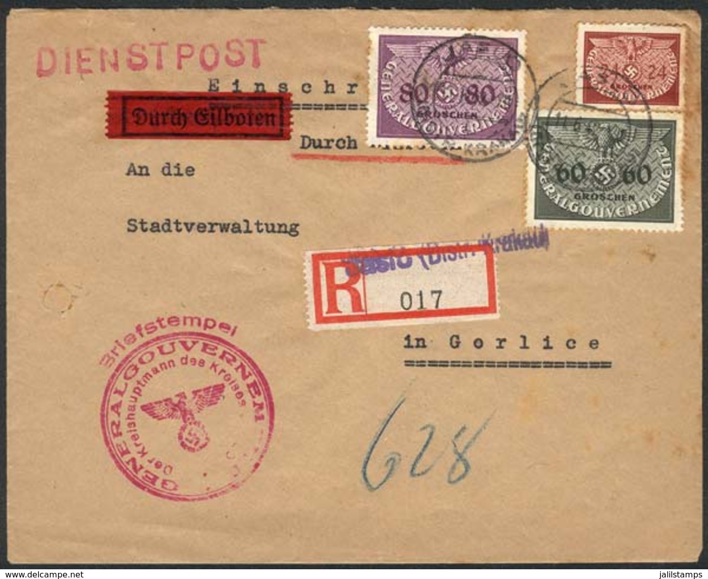 POLAND - GERMAN OCCUPATION: Registered Cover (with Repaired Filing Hole) Sent From Jasio To Gorlice On 11/JUN/1942, Very - Sonstige & Ohne Zuordnung