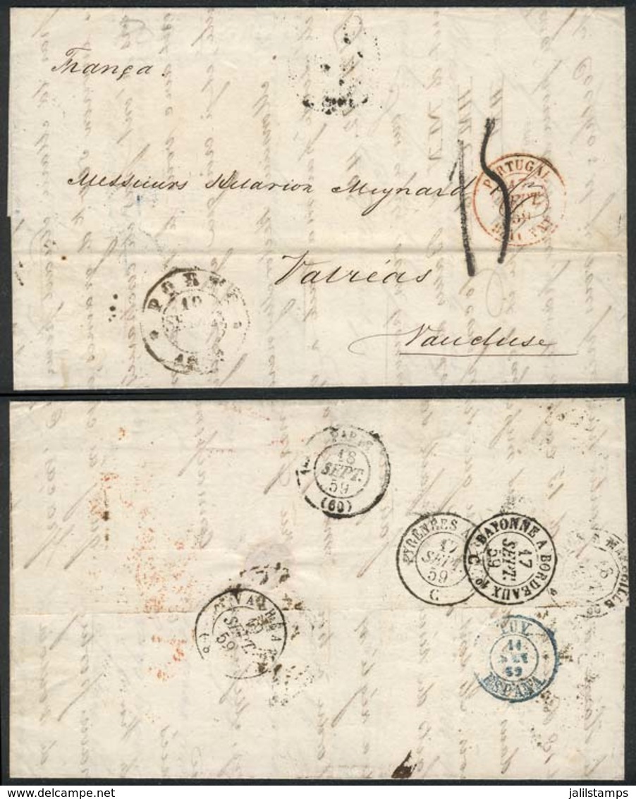 PORTUGAL: Entire Letter Dated Porto 10/SE/1859 To Vatreas (France), With A Number Of Postal Marks On Front And Reverse O - Sonstige & Ohne Zuordnung