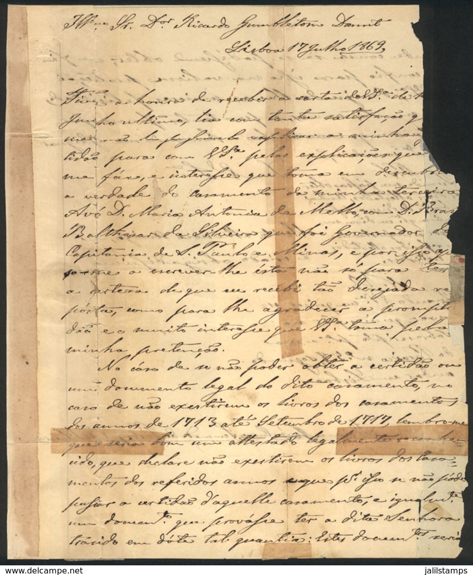 PORTUGAL: Entire Letter (with Interesting Text) Sent From Lisboa To Campinas On 21/JUL/1869, With Transit Mark Of Rio De - Other & Unclassified