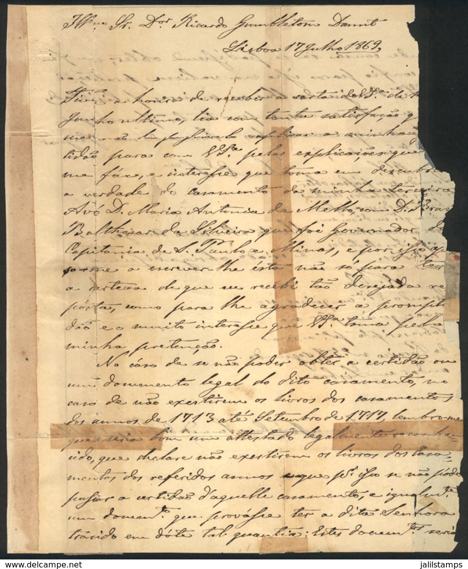 PORTUGAL: Entire Letter (with Interesting Text) Sent From Lisboa To Campinas On 21/JUL/1869, With Transit Mark Of Rio De - Autres & Non Classés