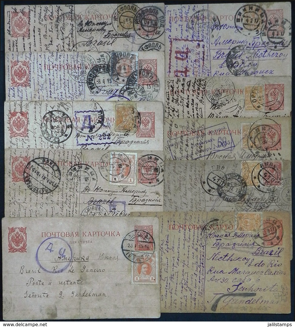 RUSSIA: 10 Uprated Postal Cards Sent To Brazil Between 1915 And 1917, Interesting Postal And Censor Marks (some With Bra - Other & Unclassified