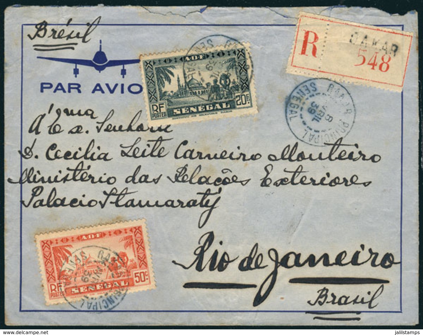 SENEGAL: Registered Airmail Cover Franked With 21Fr. (Sc.171 + Other Values), Sent From Dakar To Rio De Janeiro On 8/AP/ - Andere & Zonder Classificatie