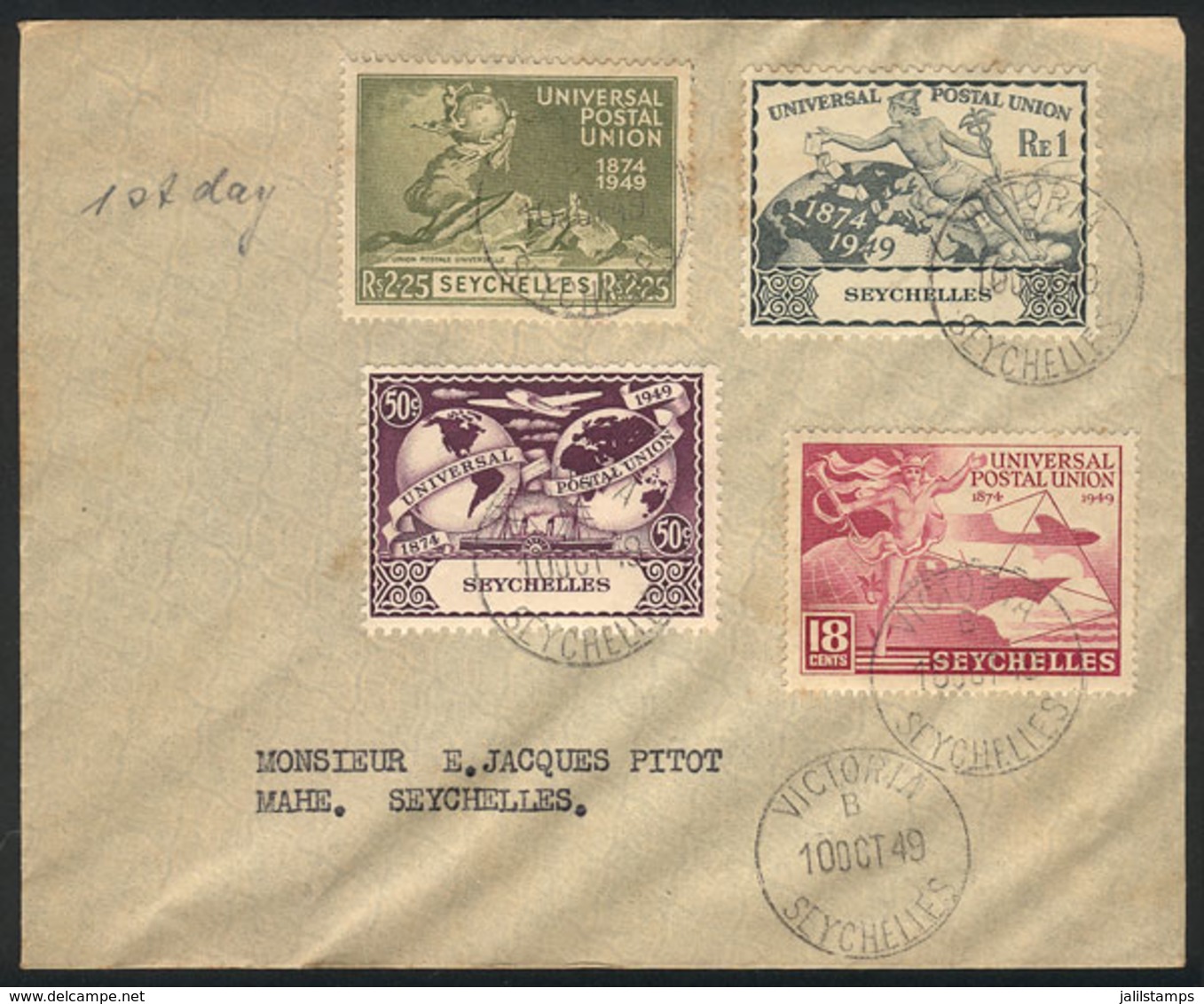SEYCHELLES: Cover Franked With The 4 Values Of The UPU Anniversary Issue, Postmarked 10/OC/1949 (FDI), VF! - Seychelles (...-1976)