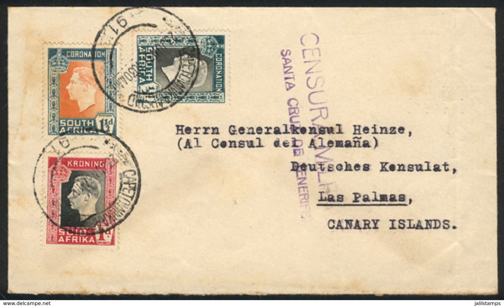 SOUTH AFRICA: Cover Sent From Cape Town To The Canary Islands (Spain) On 23/JUN/1937, With Censor Mark Applied At Destin - Autres & Non Classés