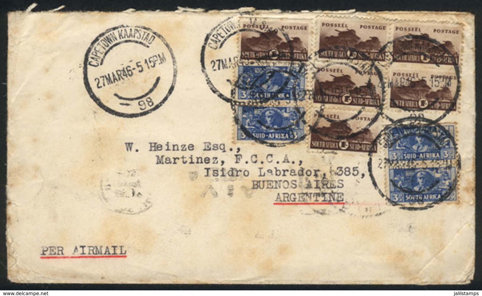 SOUTH AFRICA: Airmail Cover Sent From Cape Town To Argentina On 27/MAR/1946 With Interesting Postage. With Some Spots, A - Other & Unclassified