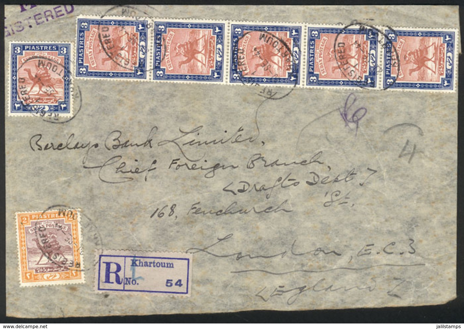 SUDAN: Front Of A Registered Airmail Cover Sent From Khartoum To London On 30/SE/1944 Franked With 20P., VF! - Sonstige & Ohne Zuordnung