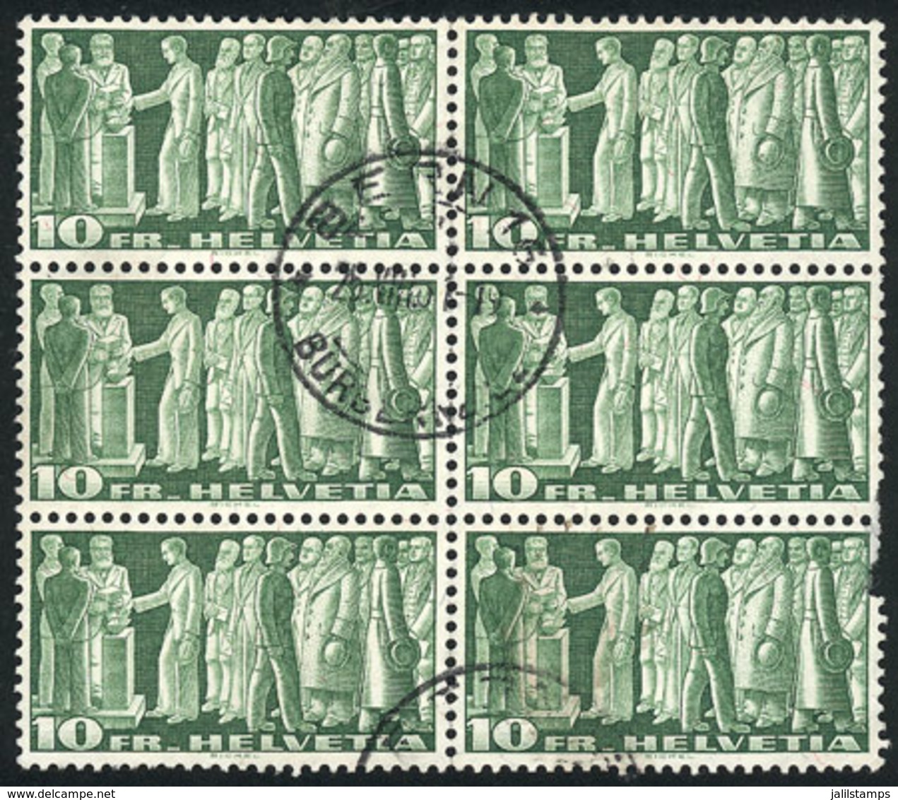 SWITZERLAND: Yvert 417, 1945 10Fr. Pax, Used Block Of 6, One With Defects, The Rest Of Fine To VF Quality. The Vertical  - Autres & Non Classés