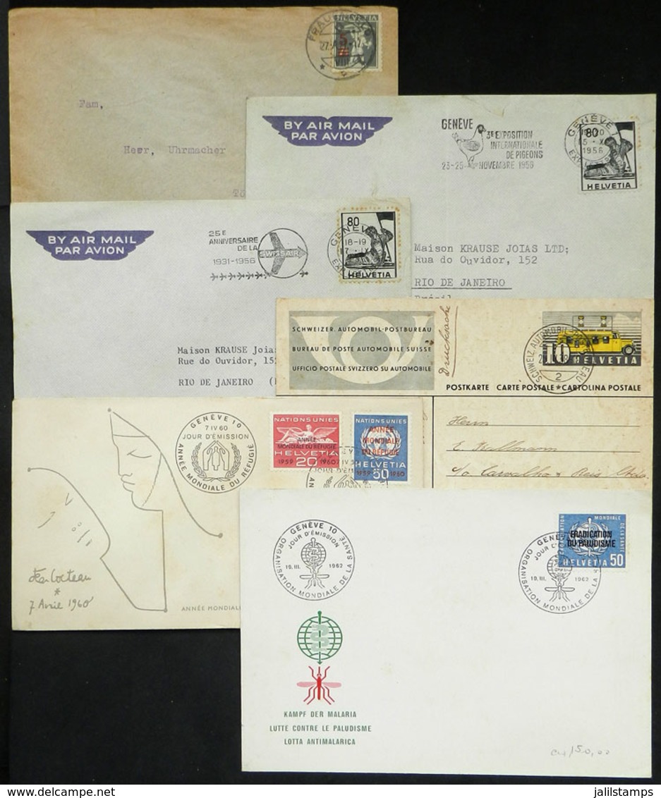 SWITZERLAND: 6 Covers Or Cards Of 1921 To 1962, With Some Interesting Postages, Thematic Postmarks, Etc., One With Defec - Other & Unclassified