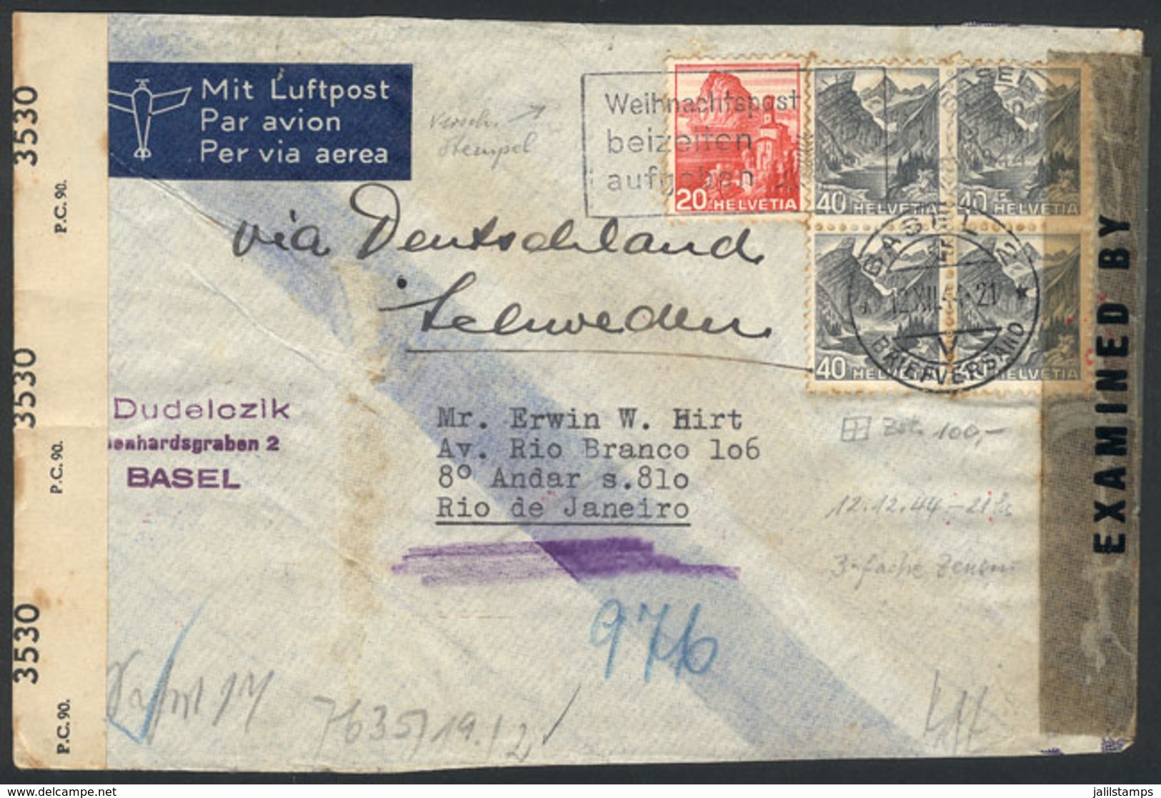 SWITZERLAND: Airmail Cover Sent From Basel To Rio De Janeiro On 10/DE/1944 Franked With 1.80Fr., TRIPLE Censor, Very Nic - Other & Unclassified