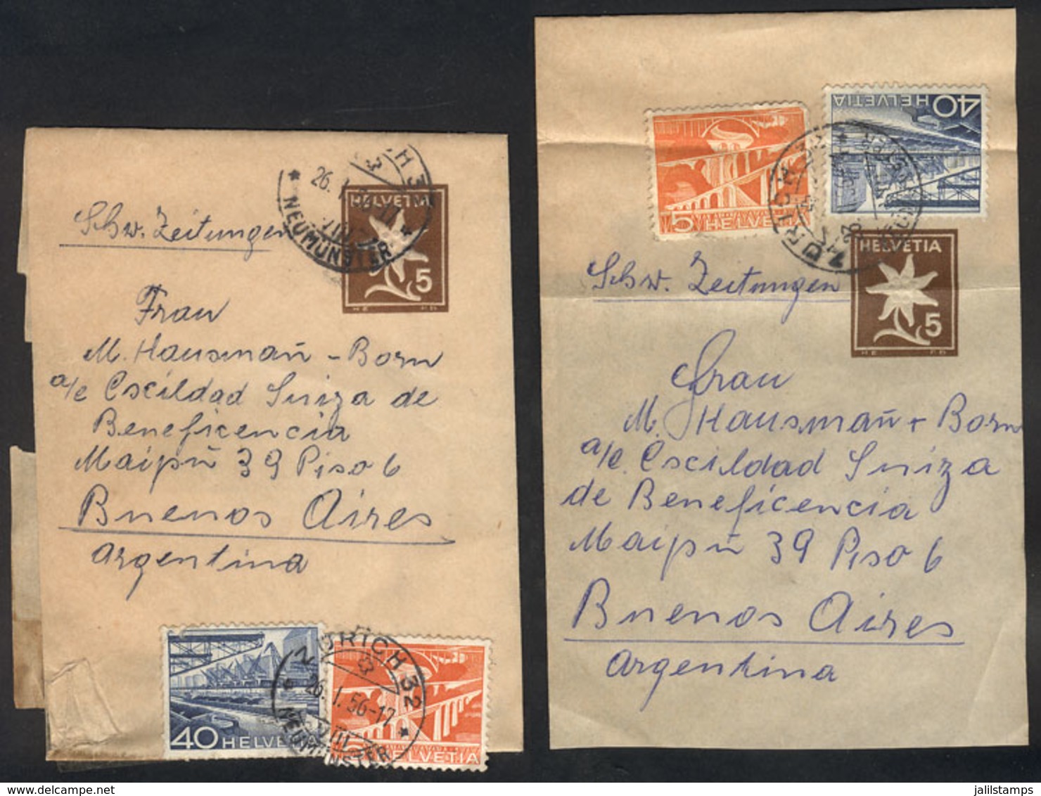 SWITZERLAND: 2 Wrappers Of 5c. With Additional Postage, Sent To Argentina In January And February 1956, Interesting! - Other & Unclassified