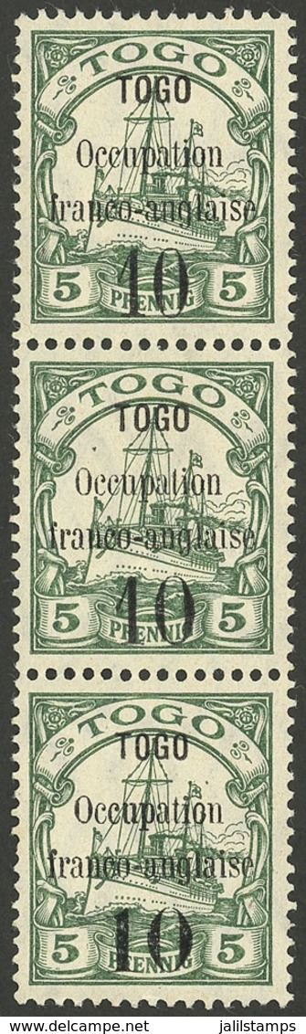 TOGO: Sc.154+, 1914 10c. On 5Pg., Vertical Strip With DIFFERENT OVERPRINTS, Mint, VF Quality, With Guarantee On Back Of  - Other & Unclassified