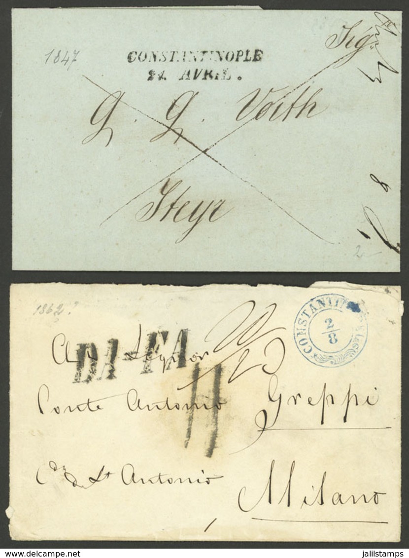 TURKEY: Folded Cover And Covers Sent From Constantinople To Steyr And Milano In 1847 And 1862, With Straightline (black) - Autres & Non Classés