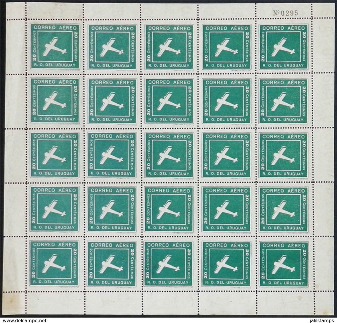 URUGUAY: Sc.C6, 1924 20c. Green, Complete Sheet Of 25 Examples, Very Fine Quality, Very Rare! - Uruguay