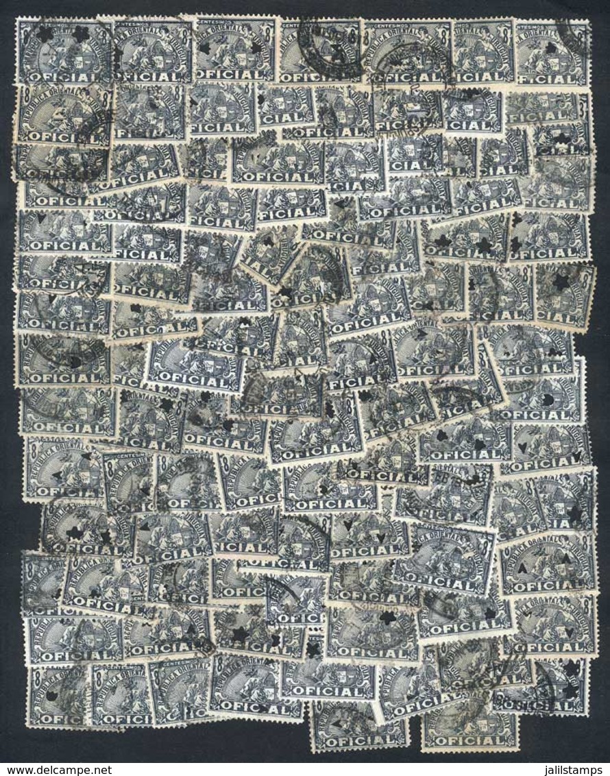 URUGUAY: Year 1911, 8c. Slate, 103 Used Examples With Different Types Of Punch Holes. Some Examples Are WATERMARKED, Ver - Uruguay