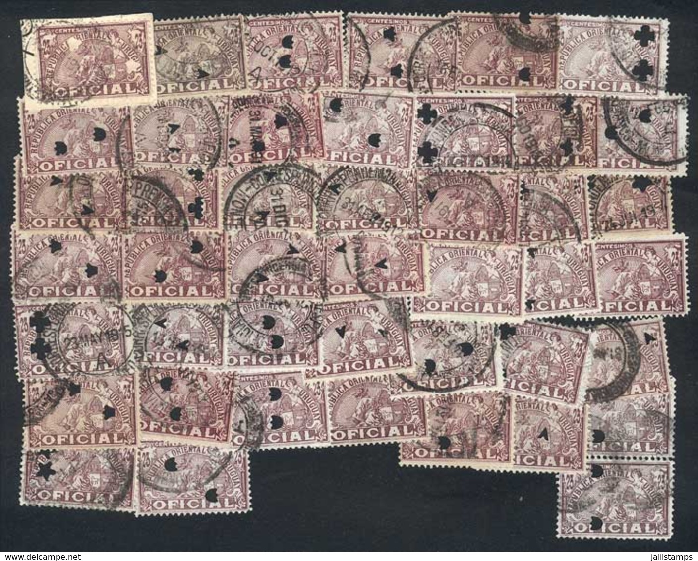 URUGUAY: Year 1911, 23c. Brownish Lilac, 44 Used Examples With Different Types Of Punch Holes. Some Examples Are WATERMA - Uruguay