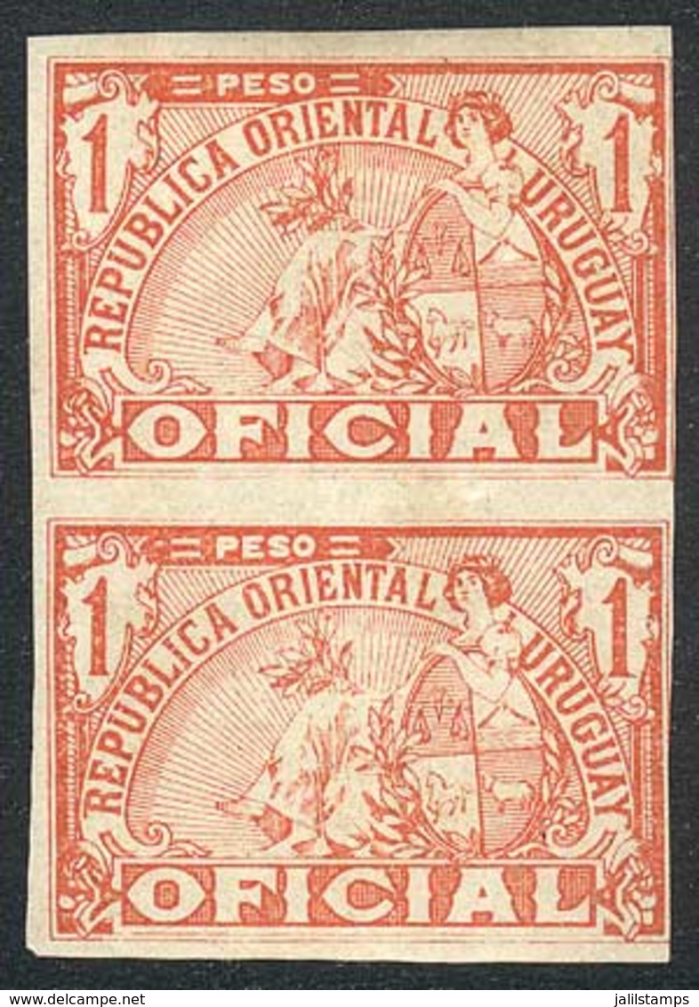 URUGUAY: Year 1911, 1P. Vermilion, IMPERFORATE PAIR, VF Quality! - Uruguay