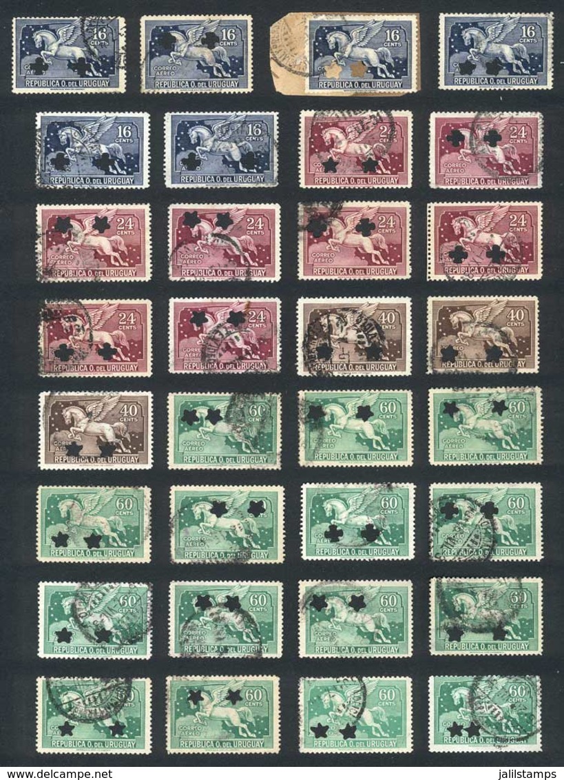 URUGUAY: Lot Of Air Mail Stamps (Pegasus), Used And Punched With Two Star- Or Clover-shapped Holes: 16c. X6, 24c. X8, 40 - Uruguay