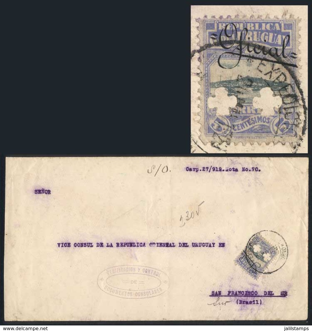 URUGUAY: Cover Sent To Brazil On 20/MAR/1920, Franked By Sc.O126 With Two Clover Punch Holes, Postmarked "EXPEDICIÓN OFI - Uruguay