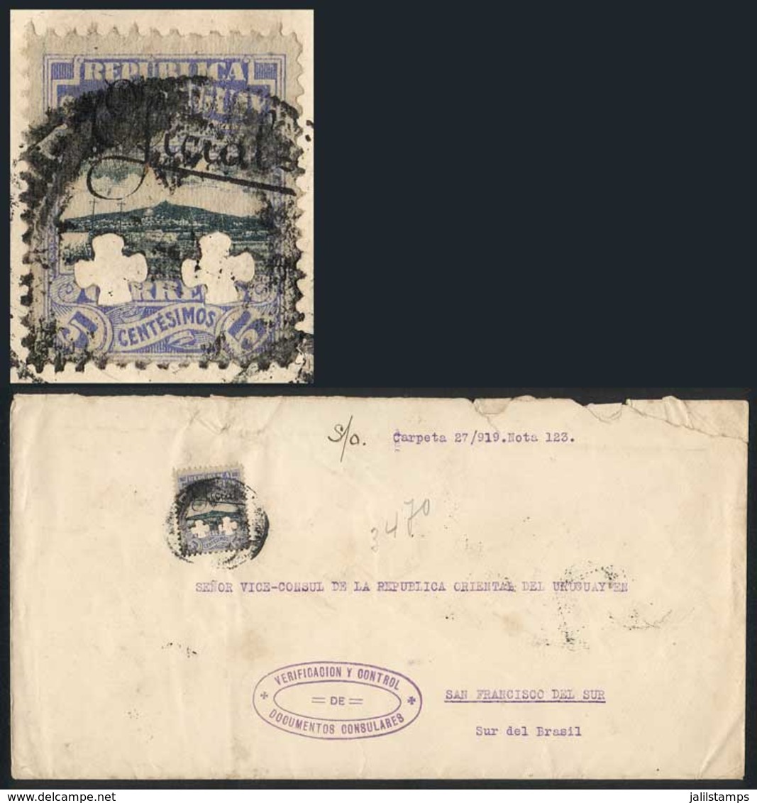 URUGUAY: Cover Sent To Brazil On 21/AP/1920, Franked By Sc.O126 With Two Clover Punch Holes, VF Quality! - Uruguay