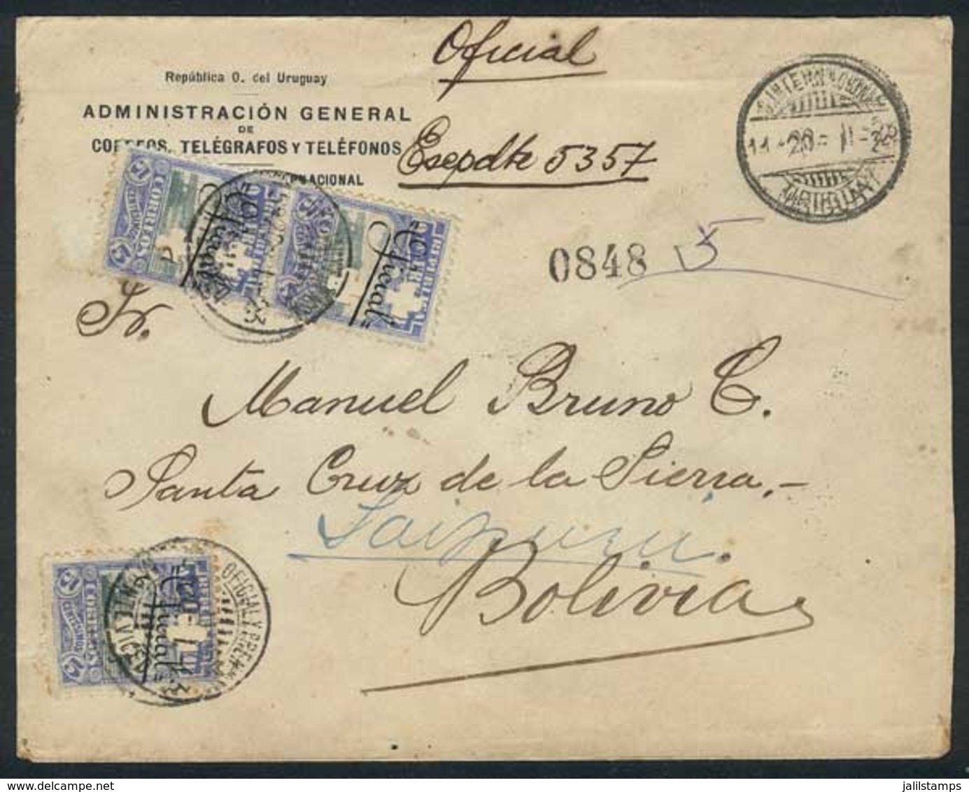 URUGUAY: Cover Of The Post Of Uruguay Sent To Bolivia On 20/JA/1923, Franked By 3 Examples Sc.O126 With 2 Clover Punch H - Uruguay