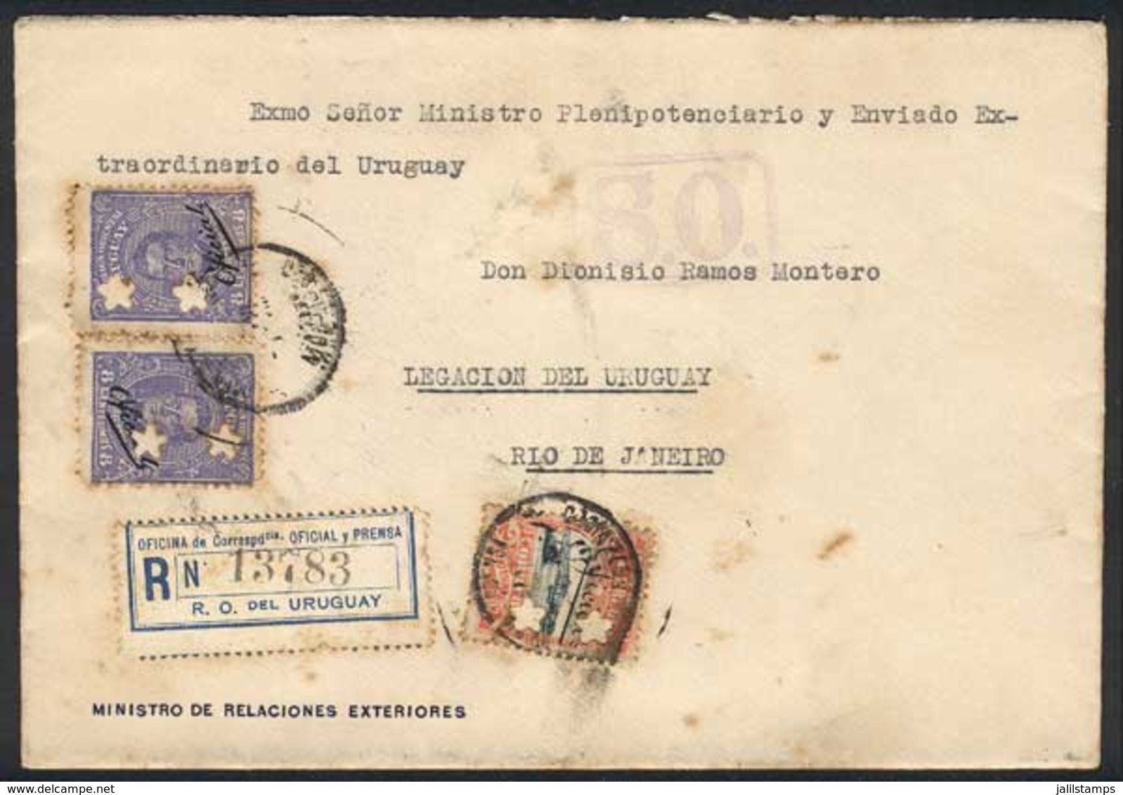 URUGUAY: Registered Cover Of The Ministry Of Foreign Affairs Sent To Brazil On 7/AU/1923, Franked By Sc.O120 X2 + O125,  - Uruguay