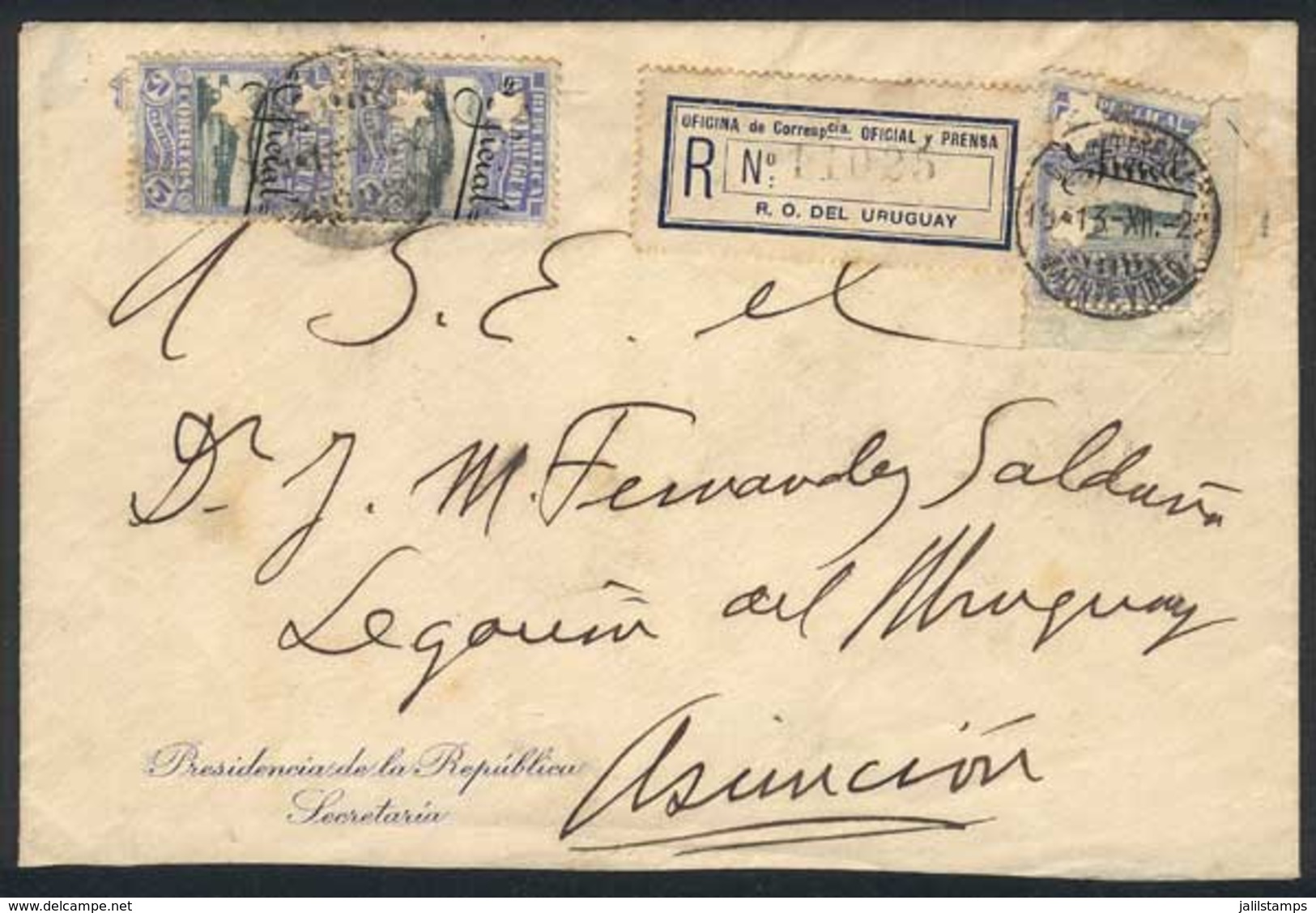 URUGUAY: Registered Cover Of The Presidency Of The Republic Sent To Paraguay On 13/DE/1923, Franked By Sc.O126 X3 (one W - Uruguay