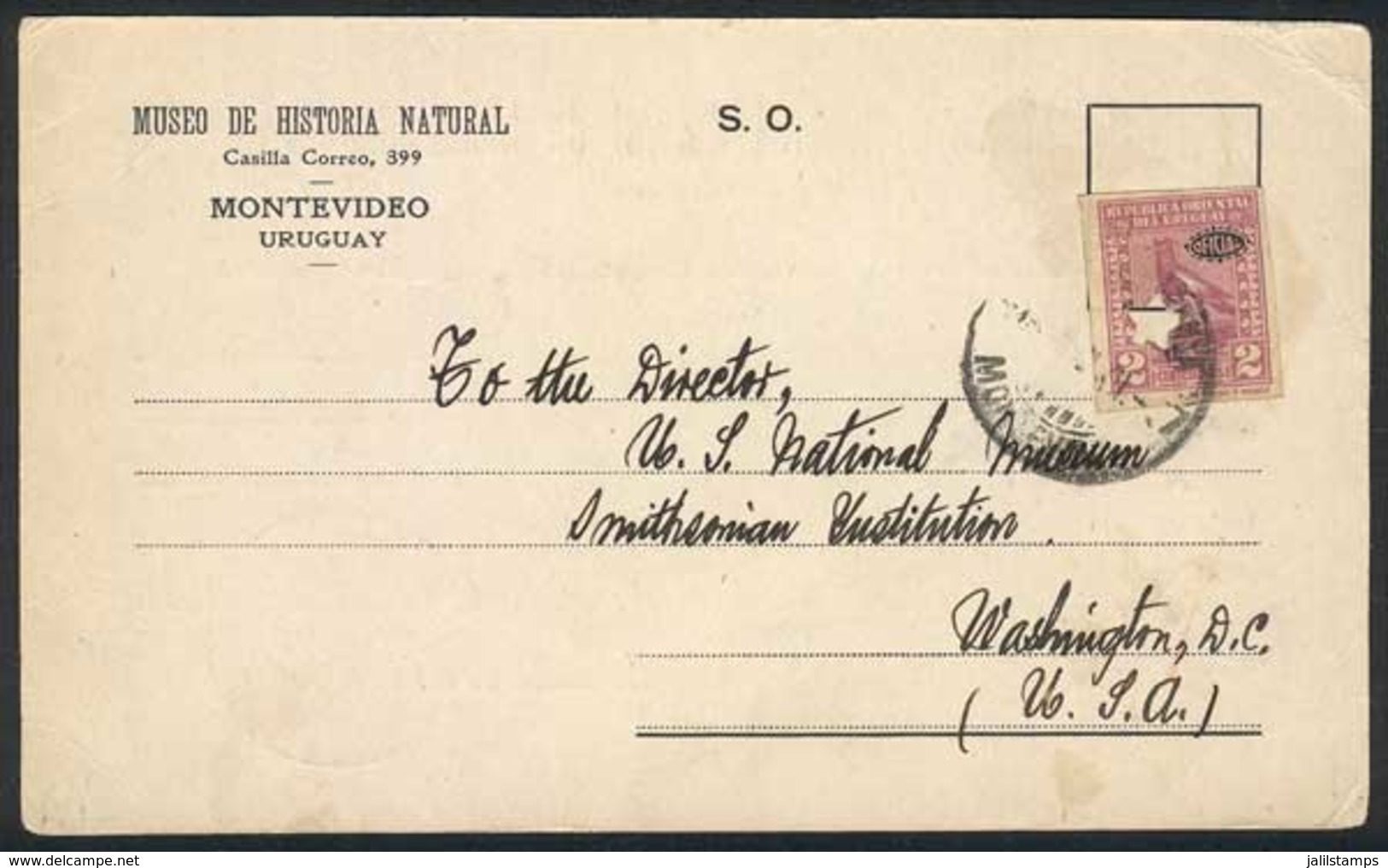 URUGUAY: Card Of The Museum Of Natural History Sent To USA On 26/DE/1927, Franked By Sc.O140 With Star-shapped Punch Hol - Uruguay