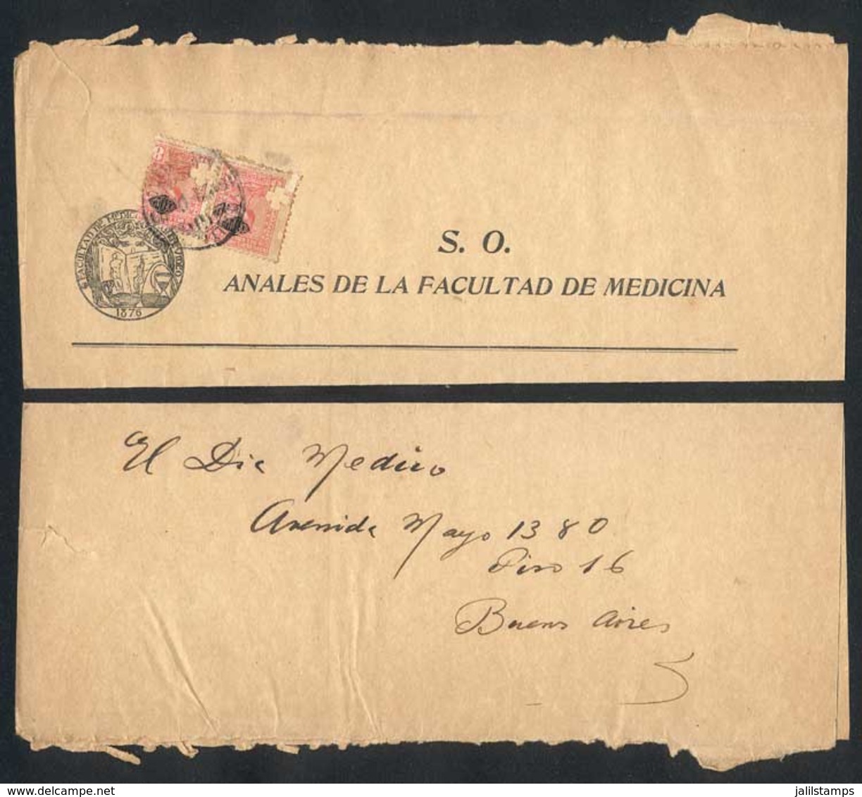 URUGUAY: Wrapper Of The School Of Medicine Sent To Buenos Aires, Franked By Pair Sc.O147 With A Clover Punch Hole Each,  - Uruguay