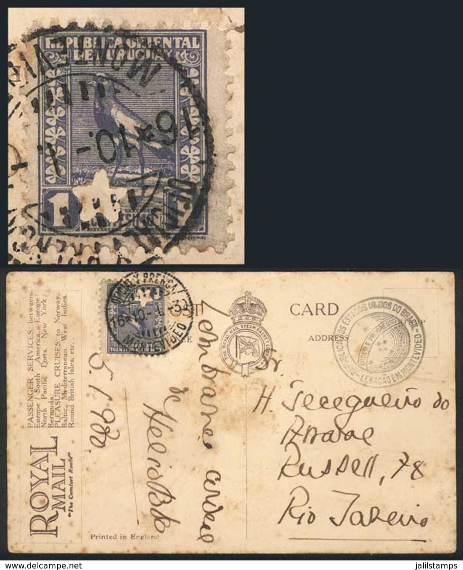 URUGUAY: Postcard Sent By The Embassy Of Brazil To Rio De Janeiro On 10/JA/1930, Franked With Regular Mail Stamp Sc.334  - Uruguay