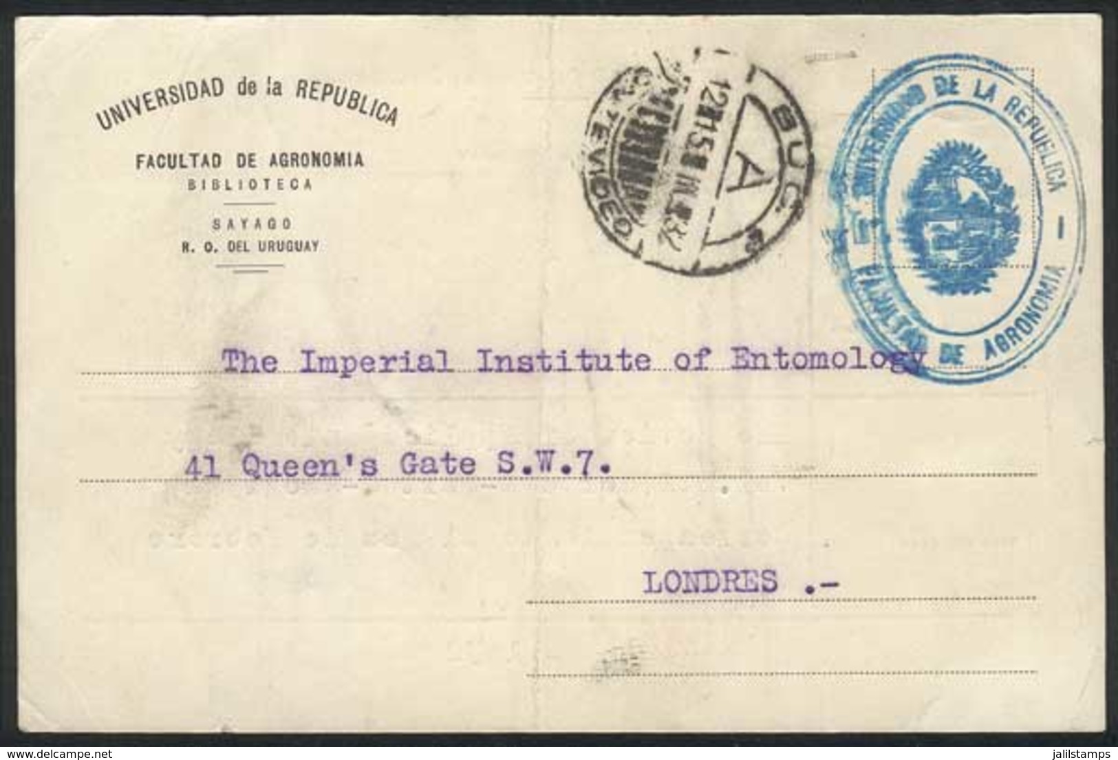 URUGUAY: Card Of The Department Of Agronomy Of The University Of The Republic, Sent Stampless To England On 14/MAR/1932, - Uruguay
