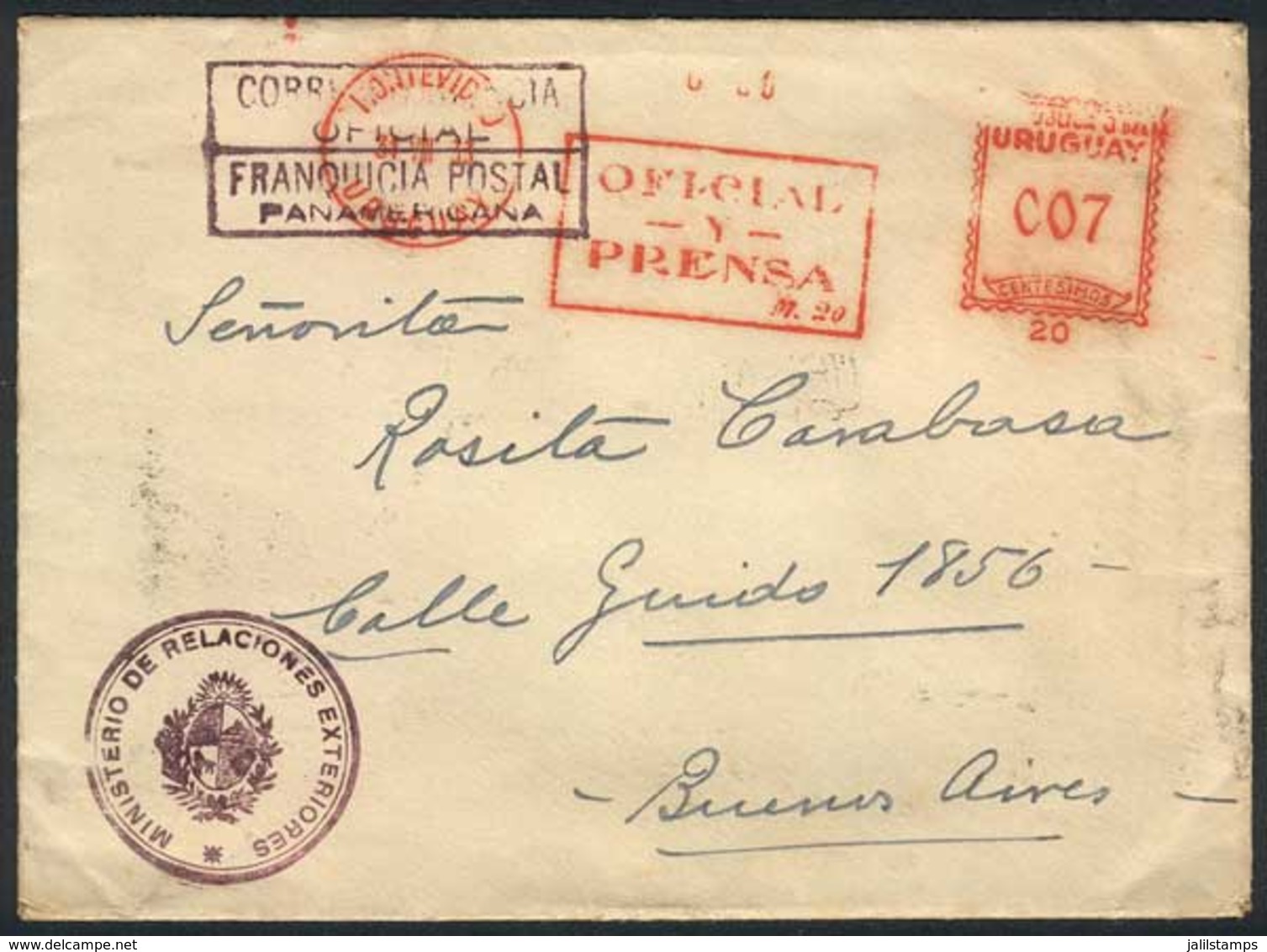 URUGUAY: Cover Of The Ministry Of Foreign Affairs Sent To Argentina On 31/AU/1933 With Marking "Correspondencia Oficial  - Uruguay